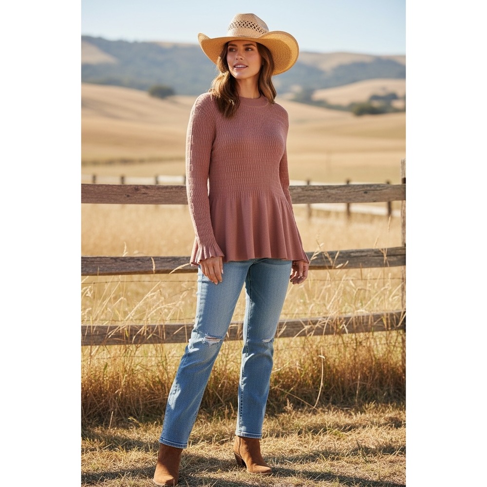 Sundance Peplum Sweater Large Rose Clay Textured Knit Ruffle Cuff Boho Fit Flare
